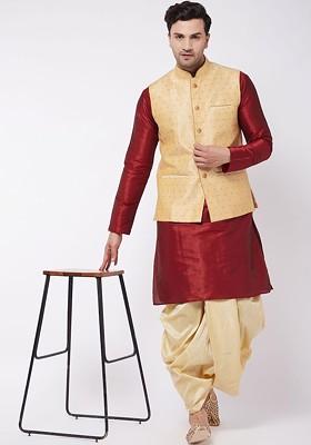 Maroon Woven Poly Blend Kurta Set For Men