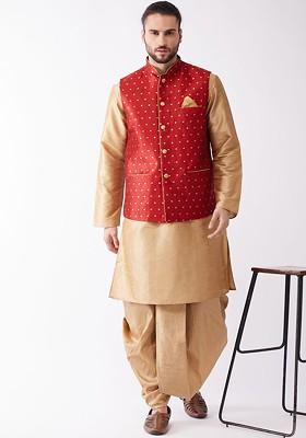 Rose Gold Woven Poly Blend Kurta Set For Men