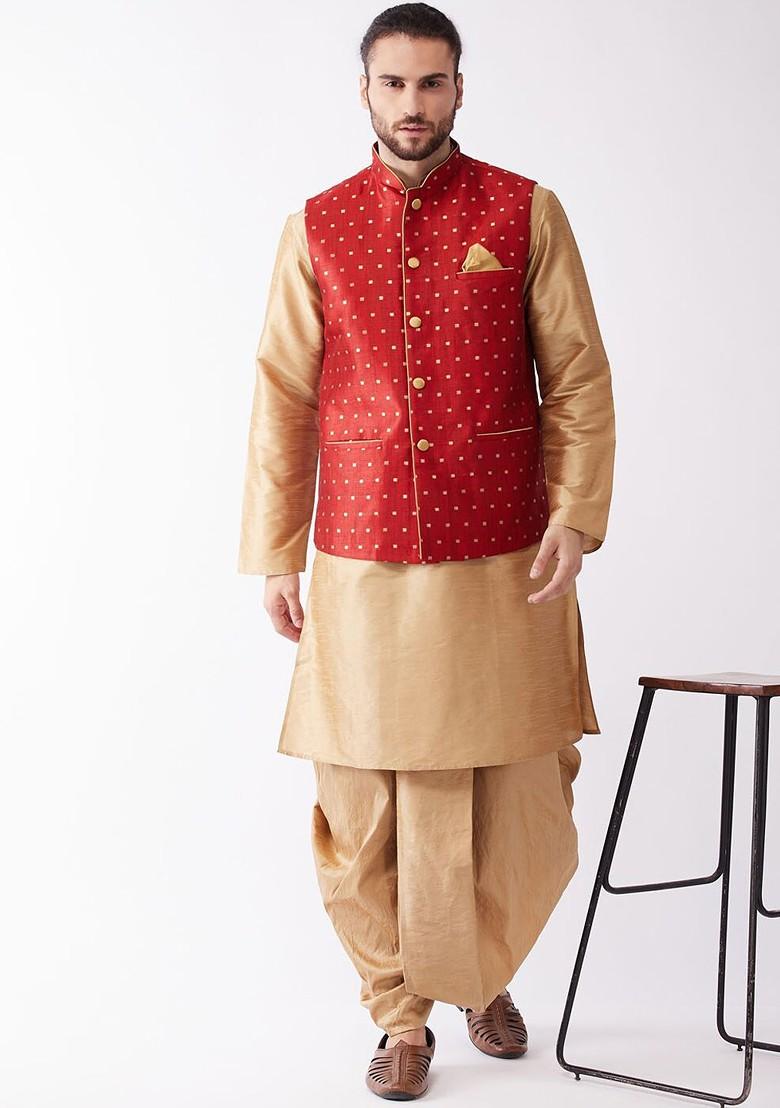 Rose Gold Woven Poly Blend Kurta Set For Men