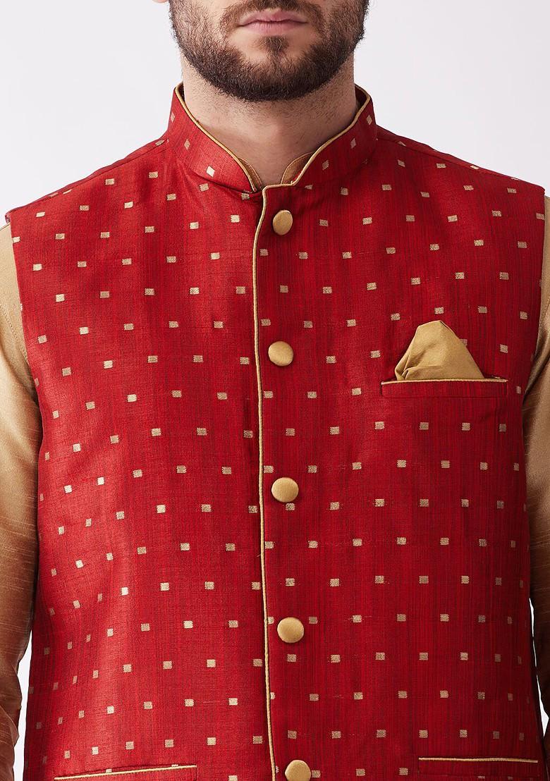 Rose Gold Woven Poly Blend Kurta Set For Men