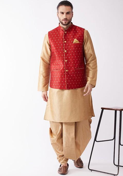 Rose Gold Woven Poly Blend Kurta Set For Men