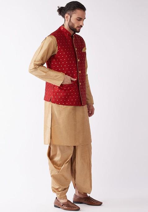 Rose Gold Woven Poly Blend Kurta Set For Men