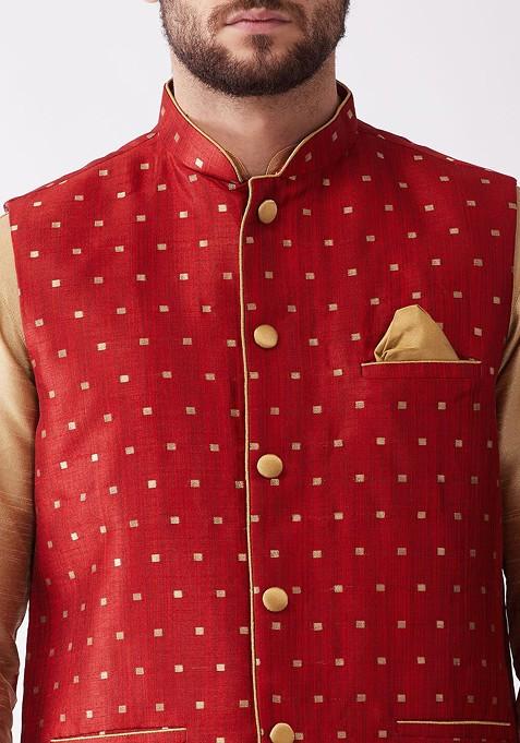Rose Gold Woven Poly Blend Kurta Set For Men