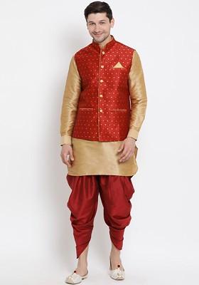 Gold Woven Poly Blend Kurta Set For Men