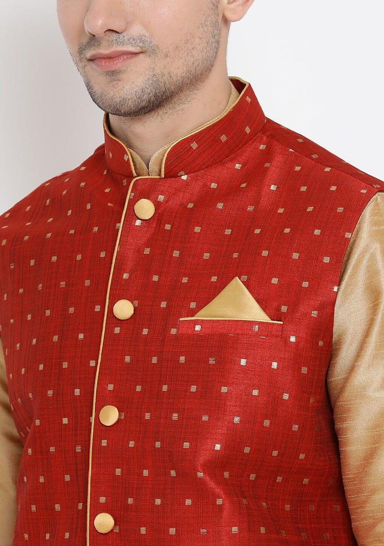 Gold Woven Poly Blend Kurta Set For Men