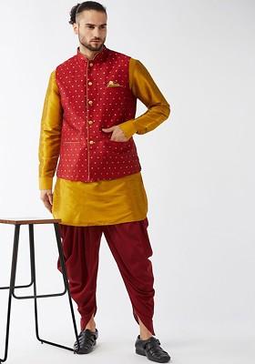 Mustard Solid Poly Blend Kurta Set For Men