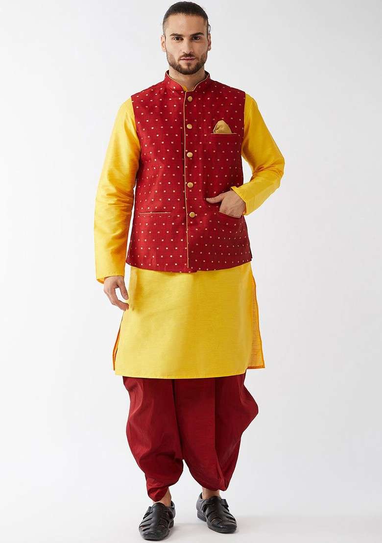 Yellow Solid Poly Blend Kurta Set For Men - Indya