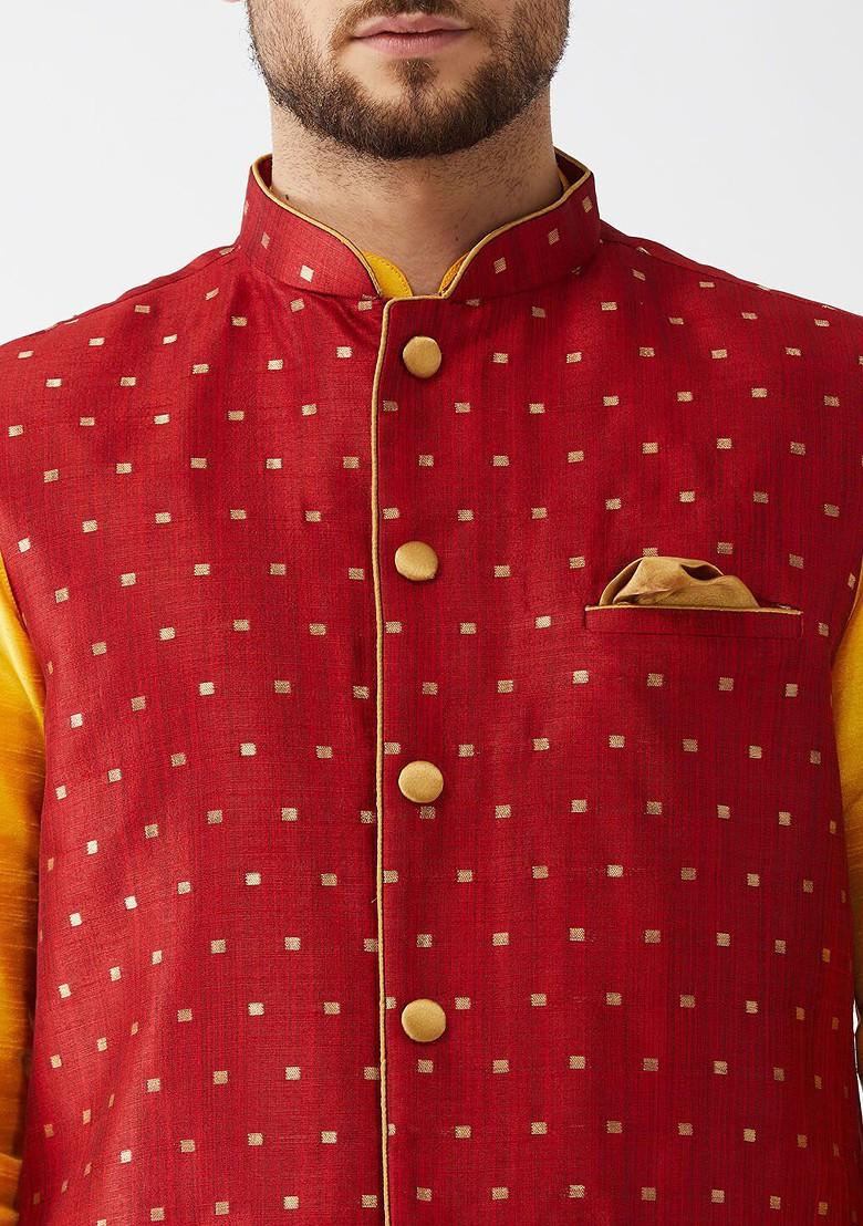 Yellow Solid Poly Blend Kurta Set For Men
