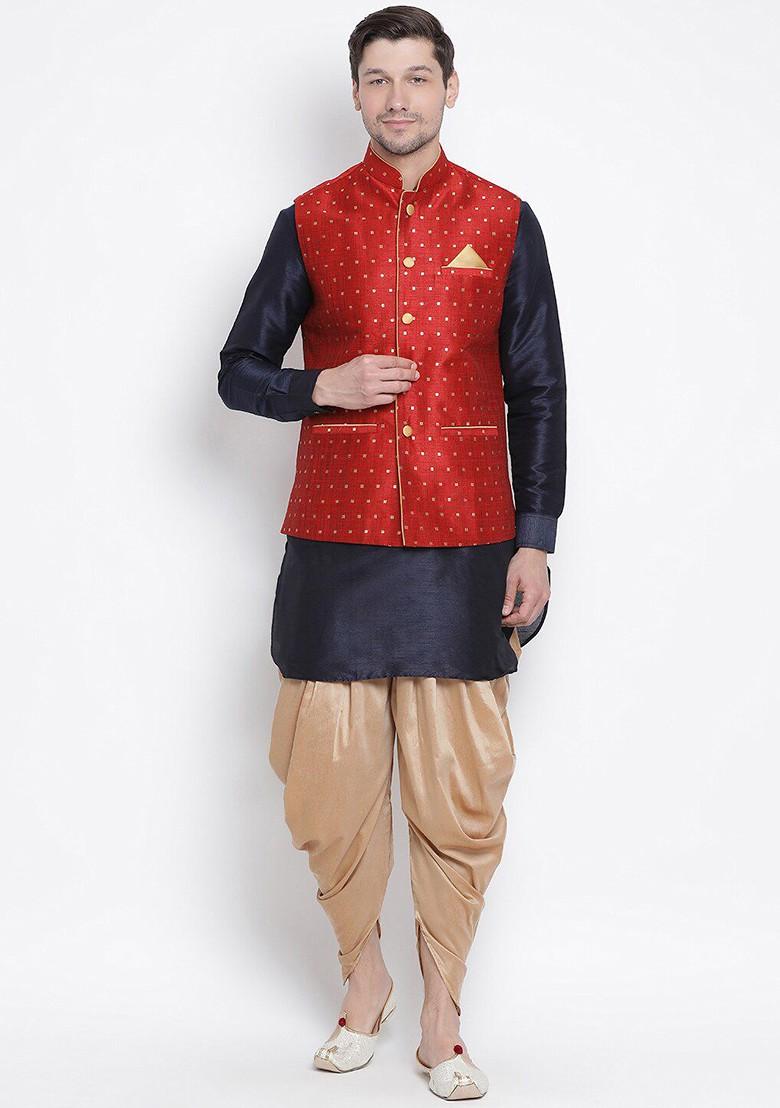 Navy Blue Solid Poly Blend Kurta Set For Men