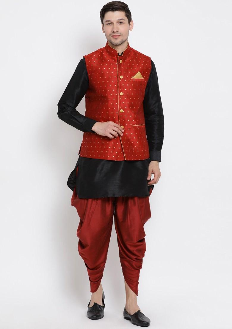 Black Solid Poly Blend Kurta Set For Men