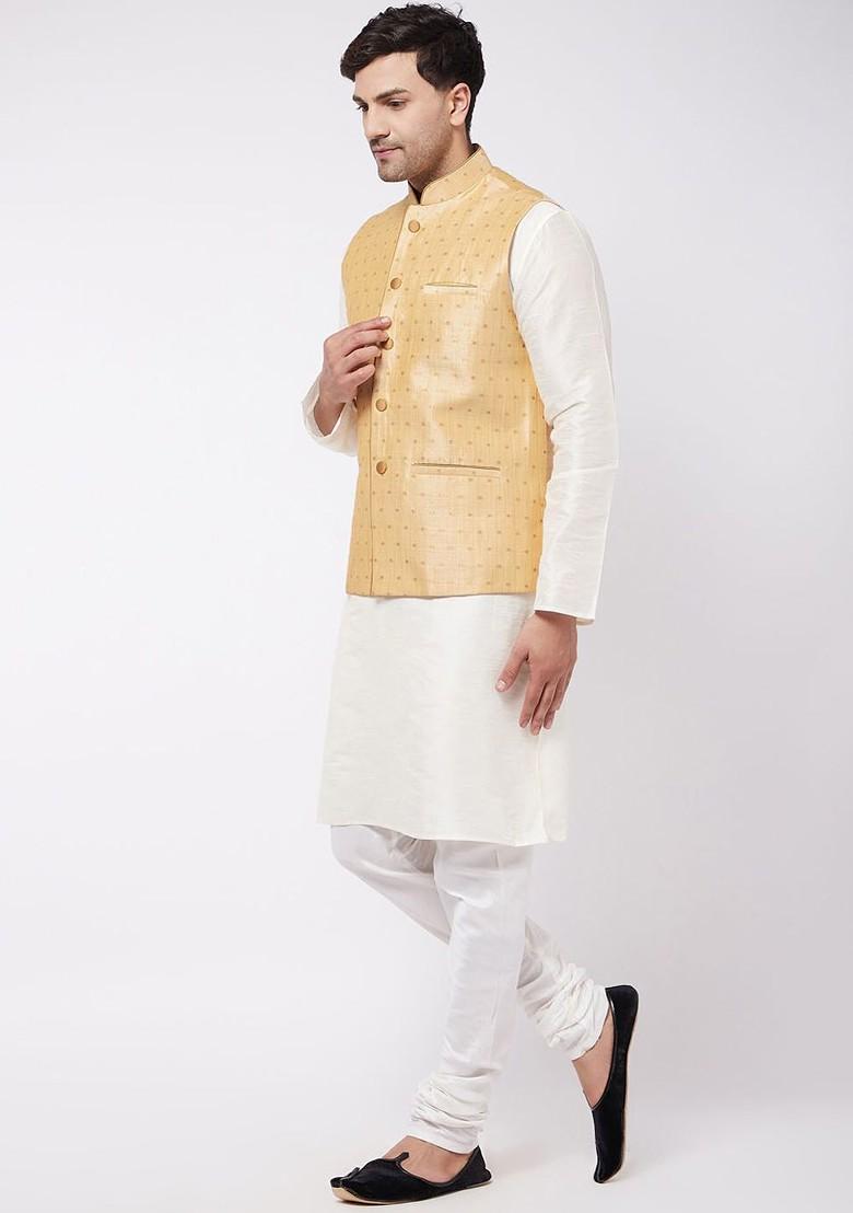 Cream Solid Poly Blend Kurta Set For Men