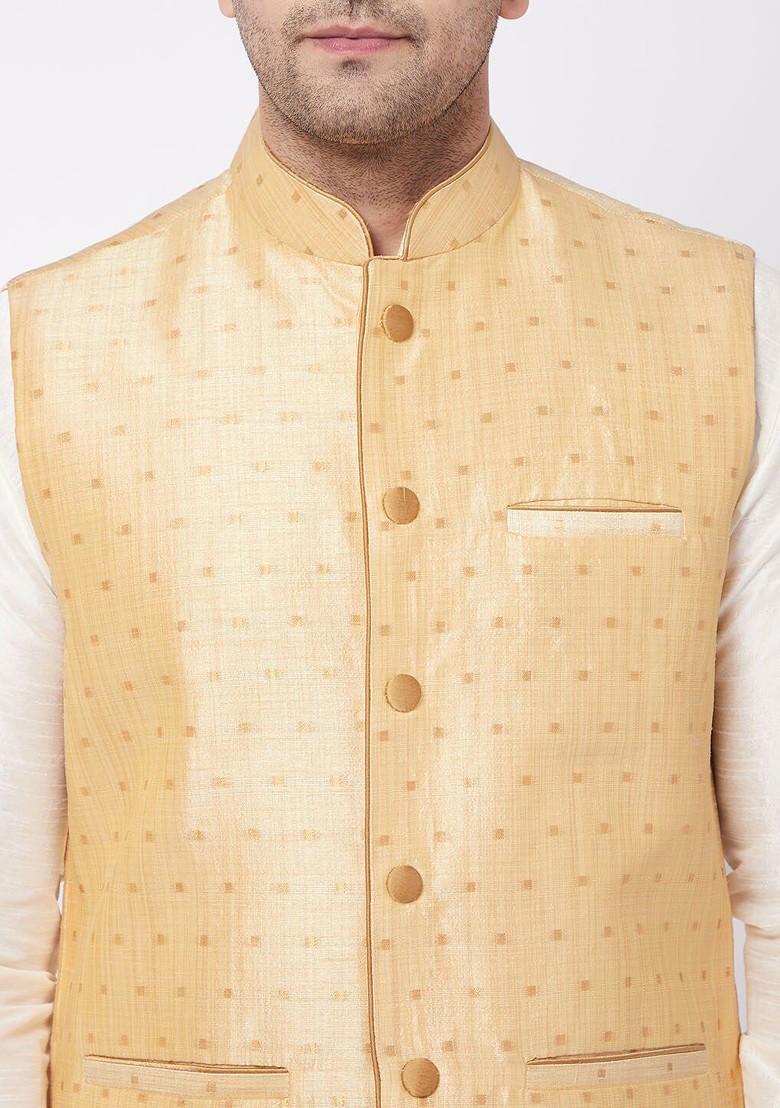 Cream Solid Poly Blend Kurta Set For Men