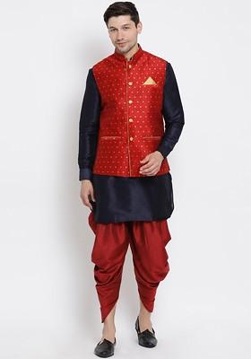 Navy Blue Solid Poly Blend Kurta Set For Men