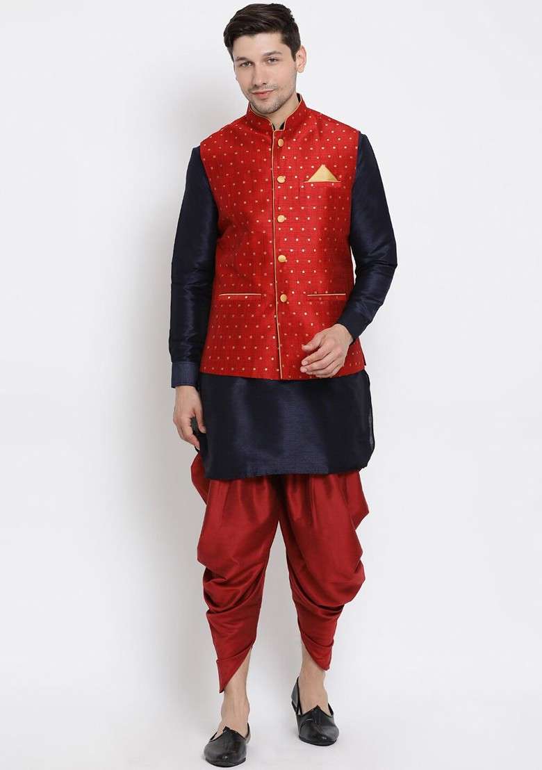 Navy Blue Solid Poly Blend Kurta Set For Men - Indya