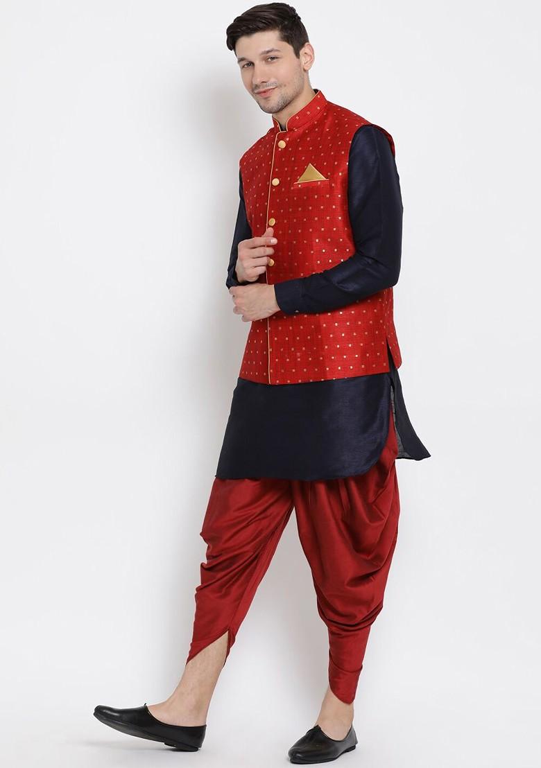 Navy Blue Solid Poly Blend Kurta Set For Men