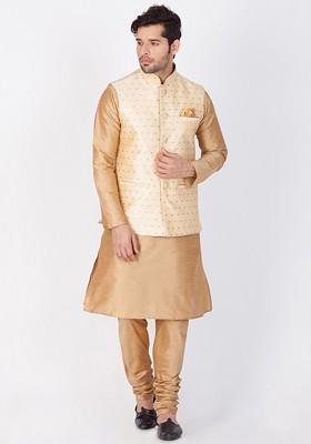Rose Gold Solid Poly Blend Kurta Set For Men