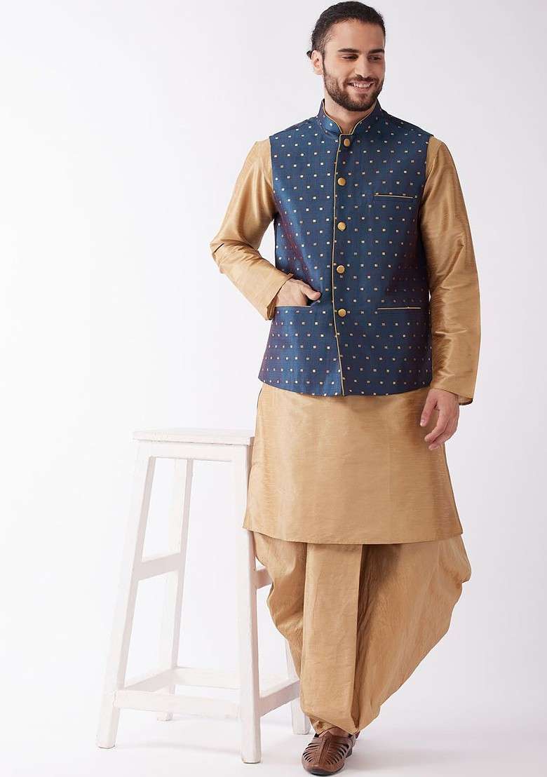 Beige Solid Poly Blend Kurta Set For Men - Indya