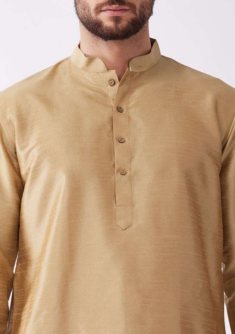 Beige Solid Poly Blend Kurta Set For Men - Indya