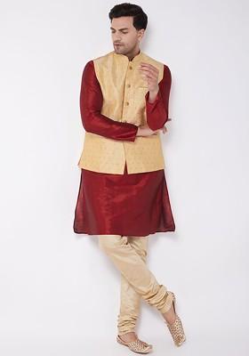 Beige Solid Poly Blend Kurta Set For Men