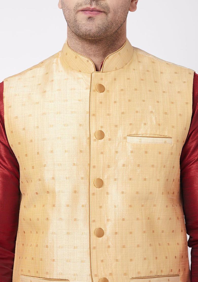 Beige Solid Poly Blend Kurta Set For Men