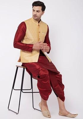 Maroon Solid Poly Blend Kurta Set For Men