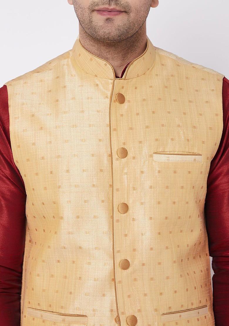 Maroon Solid Poly Blend Kurta Set For Men