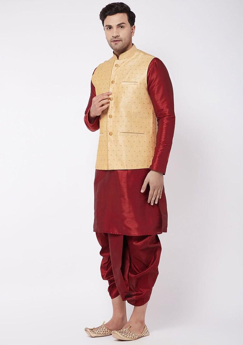 Maroon Solid Poly Blend Kurta Set For Men