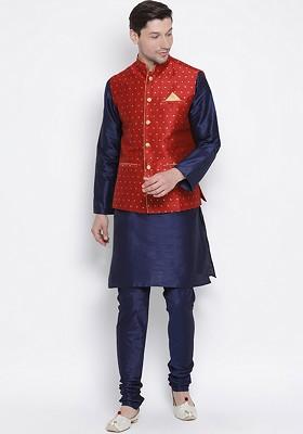 Navy Blue Solid Poly Blend Kurta Set For Men