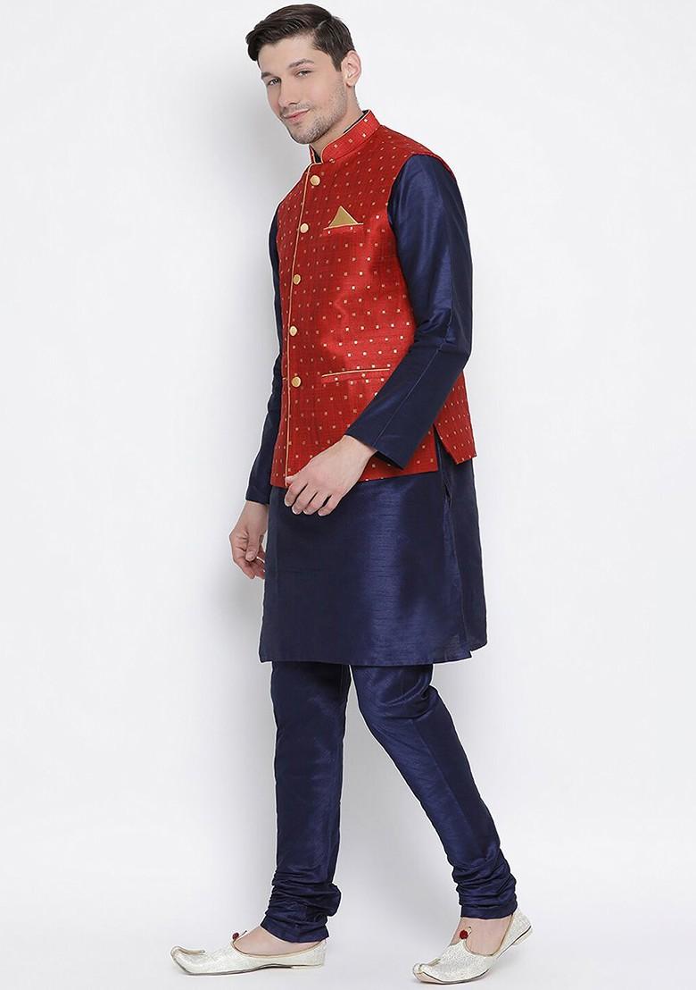 Navy Blue Solid Poly Blend Kurta Set For Men