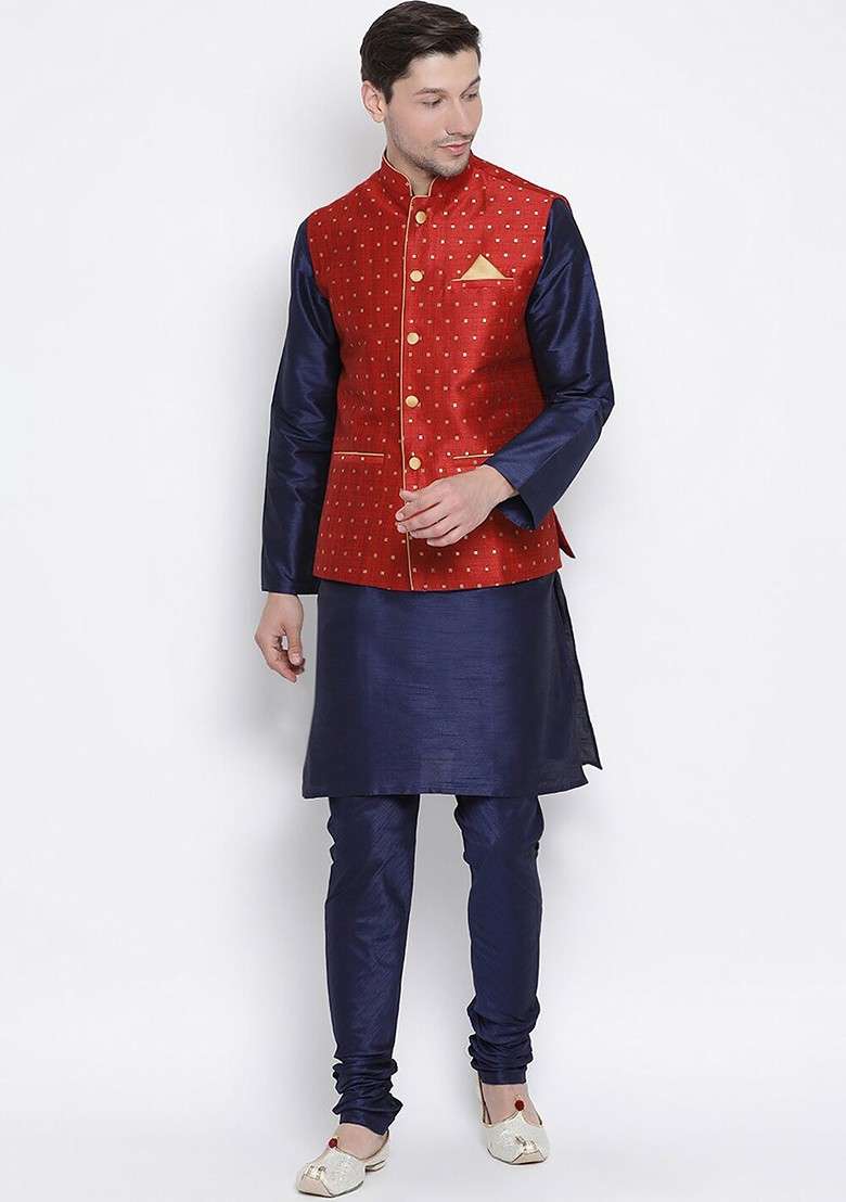 Navy Blue Solid Poly Blend Kurta Set For Men - Indya