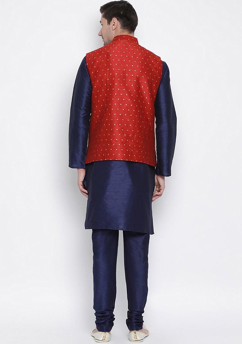 Navy Blue Solid Poly Blend Kurta Set For Men