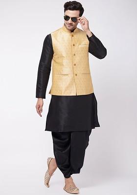 Black Solid Poly Blend Kurta Set For Men