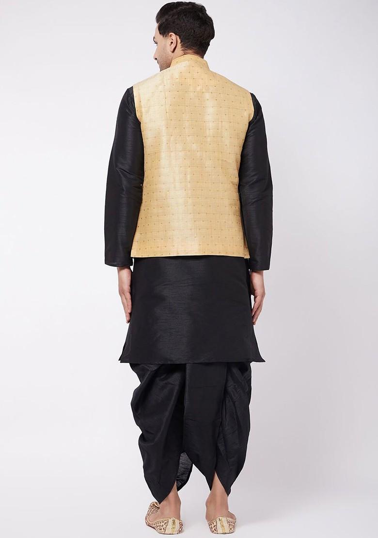 Black Solid Poly Blend Kurta Set For Men