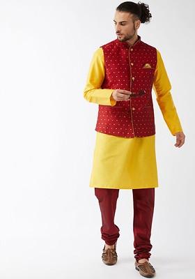 Yellow Solid Poly Blend Kurta Set For Men