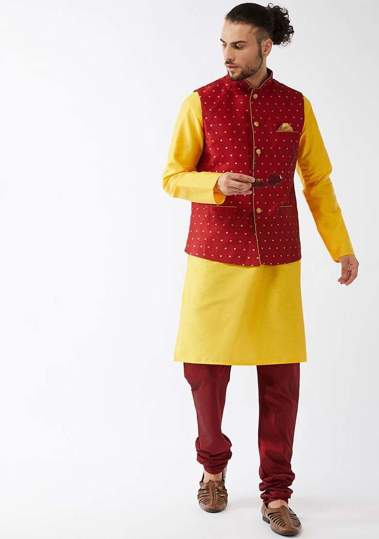 Yellow Solid Poly Blend Kurta Set For Men - Indya