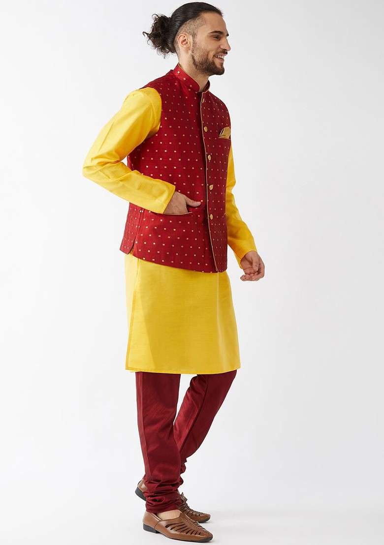 Yellow Solid Poly Blend Kurta Set For Men - Indya