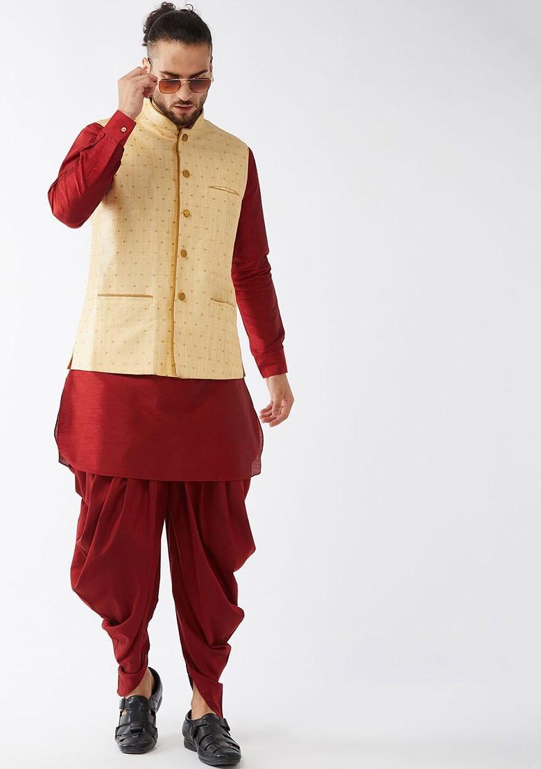 Maroon Solid Poly Blend Kurta Set For Men