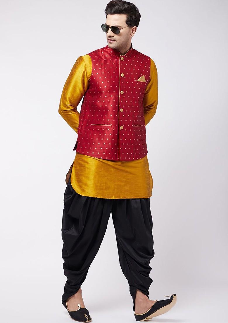 Mustard Solid Poly Blend Kurta Set For Men