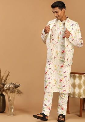 Cream Floral Print Poly Blend Kurta Set For Men