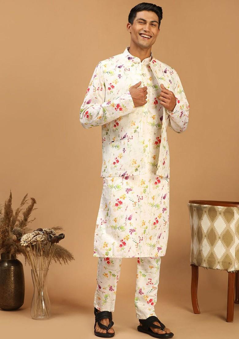 Cream Floral Print Poly Blend Kurta Set For Men