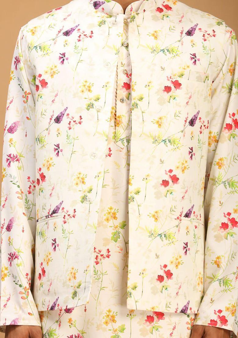 Cream Floral Print Poly Blend Kurta Set For Men