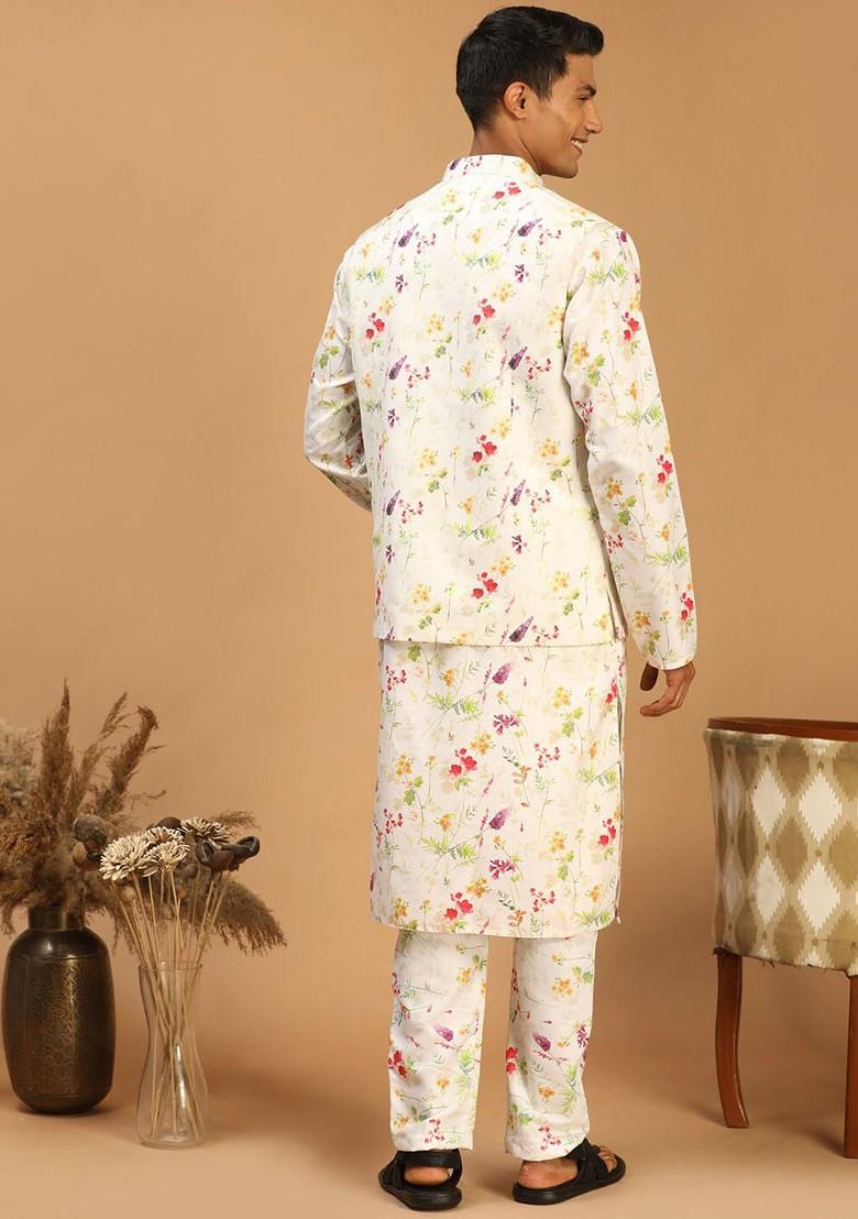 Cream Floral Print Poly Blend Kurta Set For Men