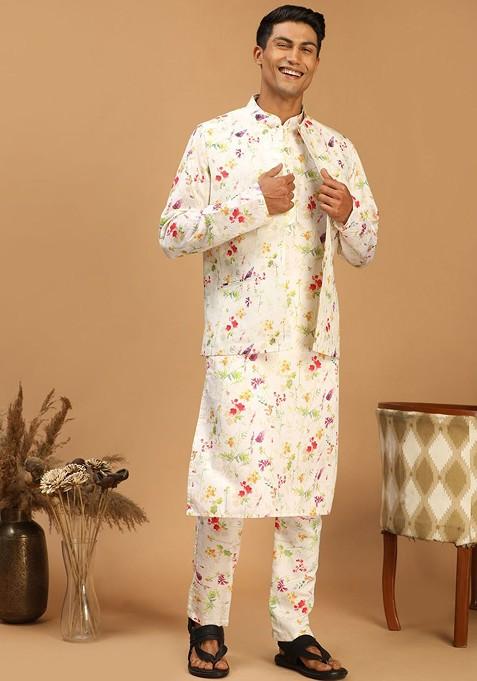 Cream Floral Print Poly Blend Kurta Set For Men