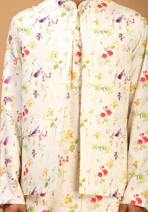 Cream Floral Print Poly Blend Kurta Set For Men