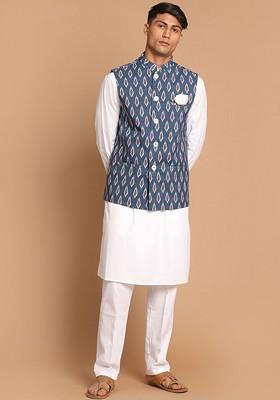 White Solid Cotton Kurta Set For Men
