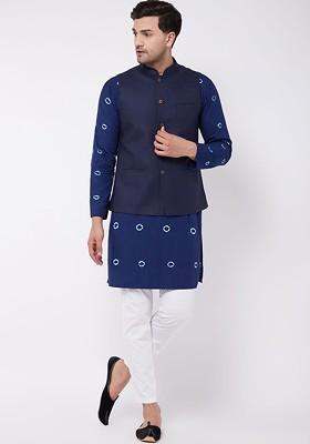 Blue Bandhani Print Cotton Kurta Set For Men