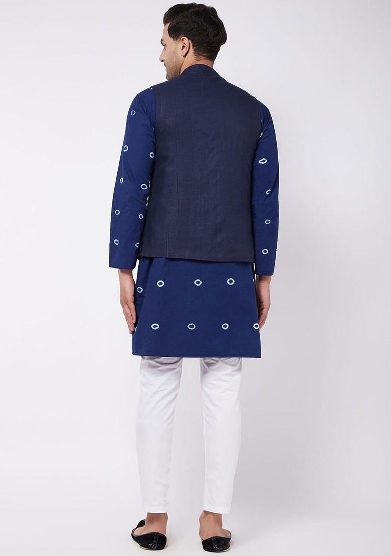 Blue Bandhani Print Cotton Kurta Set For Men