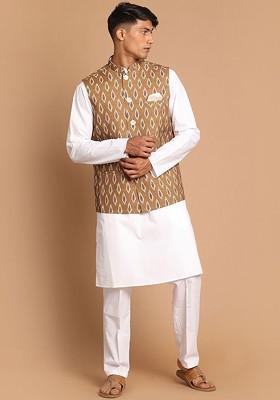 White Printed Cotton Kurta Set For Men