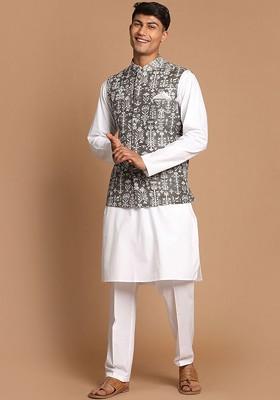 White Printed Poly Blend Kurta Set For Men