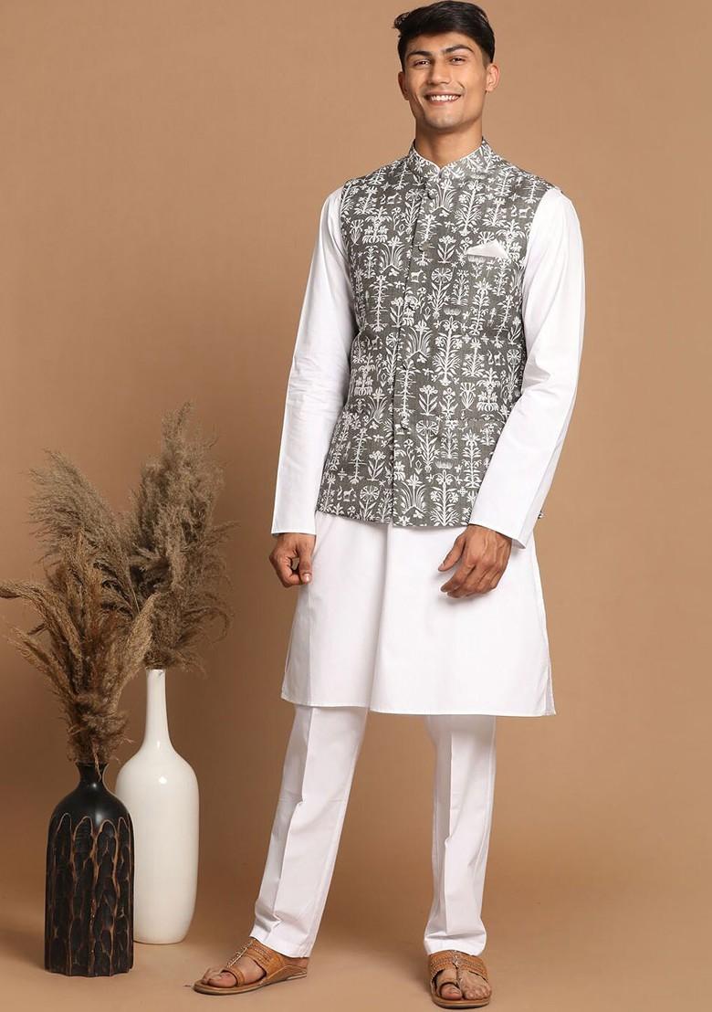White Printed Poly Blend Kurta Set For Men
